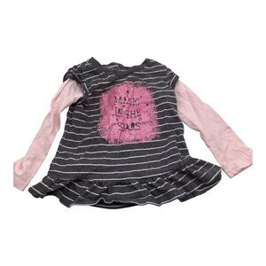 Toughskins Baby Girl Shirt Striped Long Sleeve Ruffle Hem Top 12M Pink & Gray
